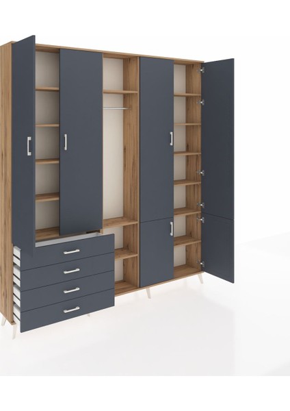 Arges Gardrop 14 Raflı 4 Çekmeceli Tek Askılı 220X30X243 Çam-Antrasit indirimleri