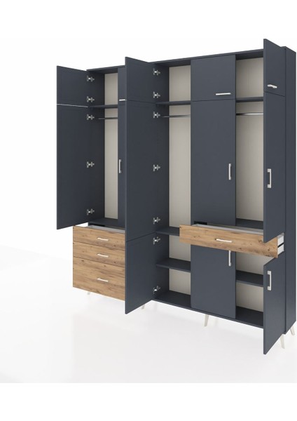 Arges Dolap 8 Raflı 4 Çekmeceli 3 Askılı 220X30X243 Antrasit-Antrasit/çam modelleri