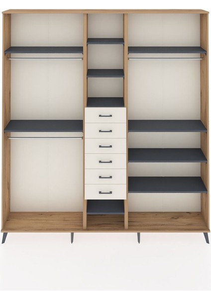 Arges Dolap 10 Raflı 6 Çekmeceli 3 Askılı 220X30X243 Çam-Antrasit/aytaşı