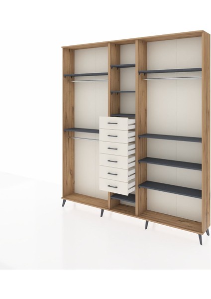Arges Dolap 10 Raflı 6 Çekmeceli 3 Askılı 220X30X243 Çam-Antrasit/aytaşı modelleri