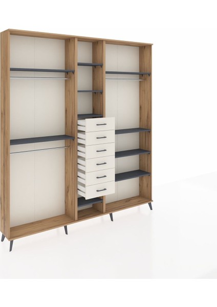 Arges Dolap 10 Raflı 6 Çekmeceli 3 Askılı 220X30X243 Çam-Antrasit/aytaşı indirimleri