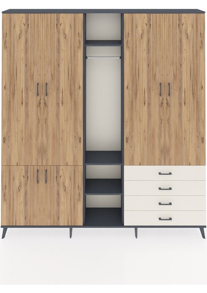 Arges Dolap 14 Raflı 4 Çekmeceli Tek Askılı 220X30X243 Antrasit-Çam/aytaşı