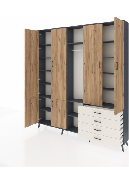 Arges Dolap 14 Raflı 4 Çekmeceli Tek Askılı 220X30X243 Antrasit-Çam/aytaşı modelleri