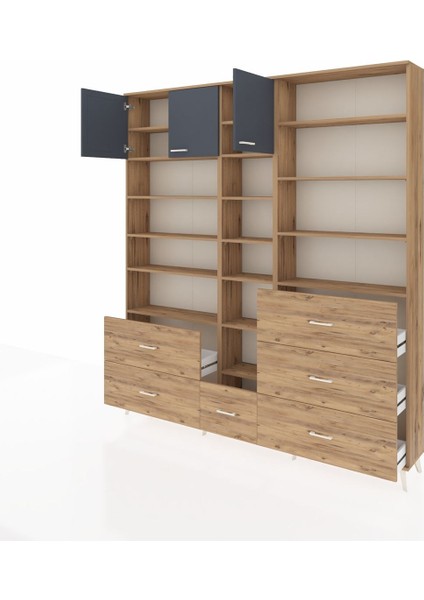 Arges Dolap 17 Raflı 6 Çekmeceli 3 Kapaklı 220X30X243 Çam-Antrasit/çam modelleri