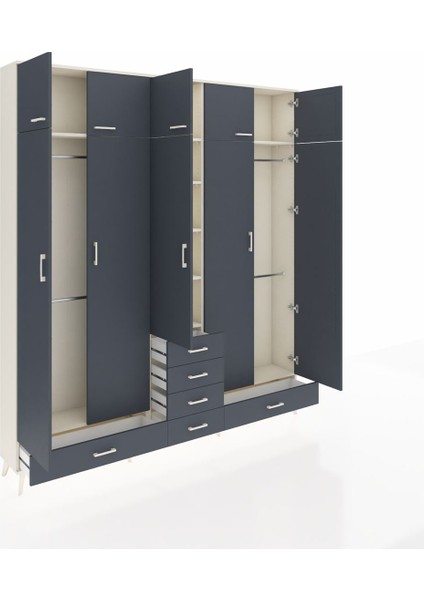 Arges Gardrop 6 Raflı 6 Çekmeceli 4 Askılı 220X30X243 Aytaşı-Antrasit indirimleri