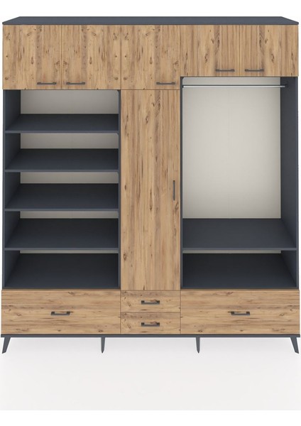 Hyperion Gardrop 18 Raflı 4 Çekmeceli Tek Askılı 220X44X243 Antrasit-Çam/çam