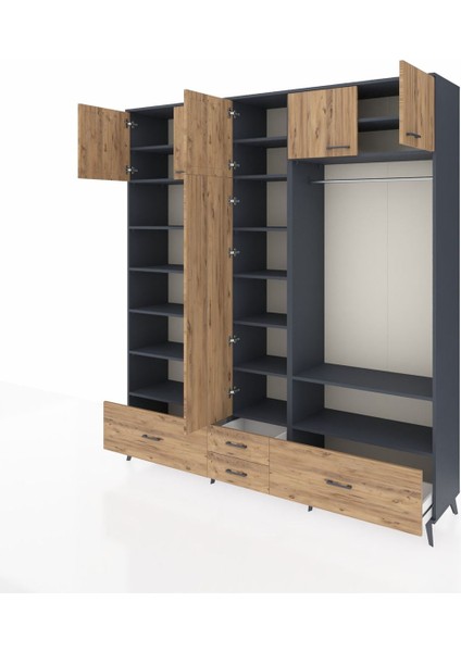 Hyperion Gardrop 18 Raflı 4 Çekmeceli Tek Askılı 220X44X243 Antrasit-Çam/çam modelleri