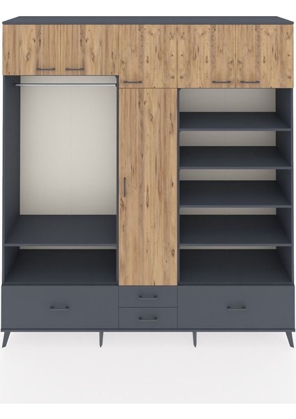 Hyperion Dolap 18 Raflı 4 Çekmeceli Tek Askılı 220X44X243 Antrasit-Çam/antrasit