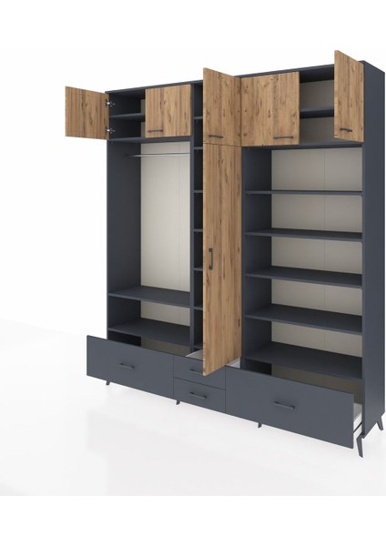 Hyperion Dolap 18 Raflı 4 Çekmeceli Tek Askılı 220X44X243 Antrasit-Çam/antrasit modelleri