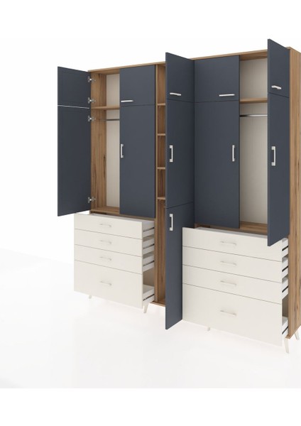 Arges Dolap 8 Raflı 8 Çekmeceli 3 Askılı 220X30X243 Çam-Antrasit/aytaşı modelleri