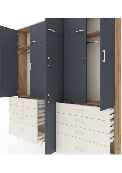 Arges Dolap 8 Raflı 8 Çekmeceli 3 Askılı 220X30X243 Çam-Antrasit/aytaşı fırsatları
