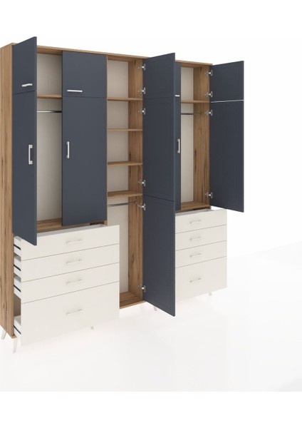 Arges Dolap 8 Raflı 8 Çekmeceli 3 Askılı 220X30X243 Çam-Antrasit/aytaşı indirimleri