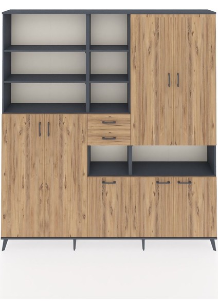 Arges Gardrop 17 Raflı 2 Çekmeceli 7 Kapaklı 220X30X243 Antrasit-Çam