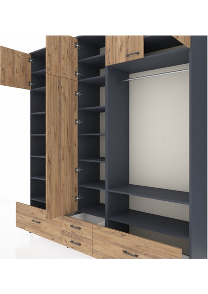 Hyperion Gardrop 18 Raflı 4 Çekmeceli Tek Askılı 220X44X243 Antrasit-Çam/çam fırsatları