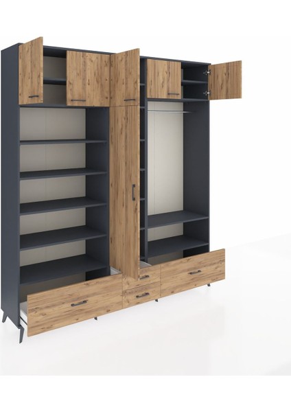 Hyperion Gardrop 18 Raflı 4 Çekmeceli Tek Askılı 220X44X243 Antrasit-Çam/çam indirimleri