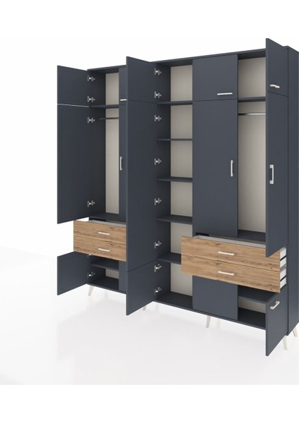 Arges Dolap 11 Raflı 4 Çekmeceli 2 Askılı 220X30X243 Antrasit-Antrasit/çam modelleri