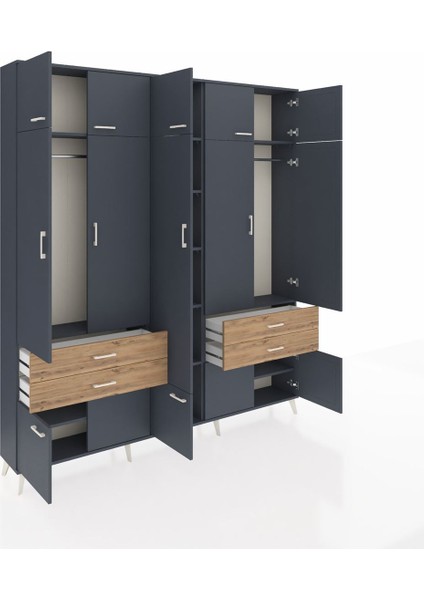 Arges Dolap 11 Raflı 4 Çekmeceli 2 Askılı 220X30X243 Antrasit-Antrasit/çam indirimleri