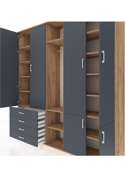 Hyperion Gardrop 14 Raflı 4 Çekmeceli Tek Askılı 220X44X243 Çam-Antrasit/antrasit fırsatları