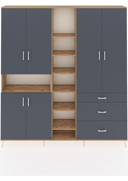 Arges Gardrop 13 Raflı 3 Çekmeceli 6 Kapaklı 220X30X243 Çam-Antrasit