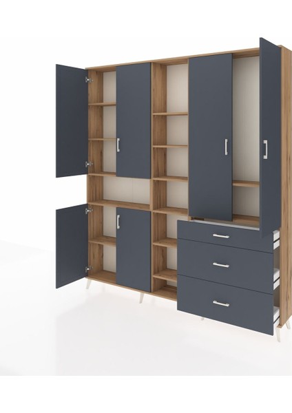 Arges Gardrop 13 Raflı 3 Çekmeceli 6 Kapaklı 220X30X243 Çam-Antrasit modelleri
