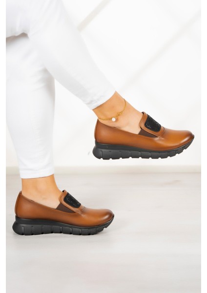 Morena Taba Hakiki Dana Derisi Taşlı Yuvarlak Burun Günlük Ayakkabı