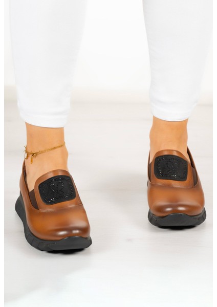 Morena Taba Hakiki Dana Derisi Taşlı Yuvarlak Burun Günlük Ayakkabı