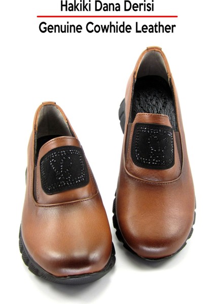 Morena Taba Hakiki Dana Derisi Taşlı Yuvarlak Burun Günlük Ayakkabı