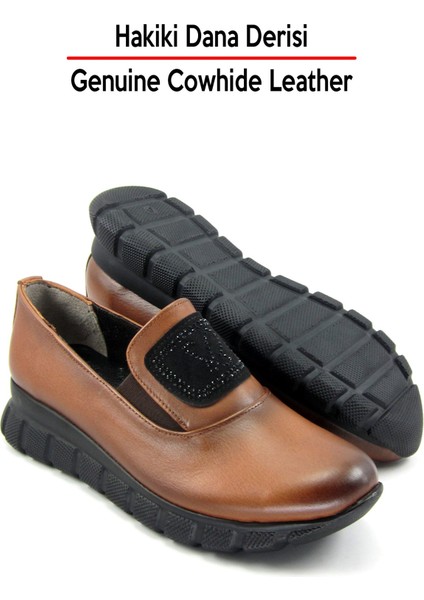 Morena Taba Hakiki Dana Derisi Taşlı Yuvarlak Burun Günlük Ayakkabı