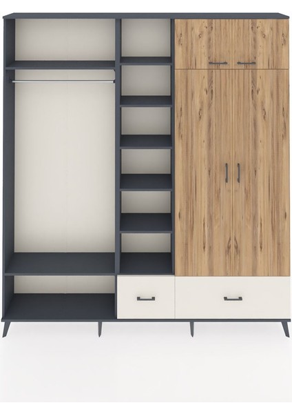Arges Dolap 12 Raflı 2 Çekmeceli 2 Askılı 220X30X243 Antrasit-Çam/aytaşı