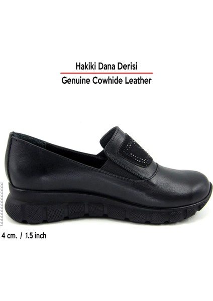 Morena Siyah Hakiki Dana Derisi Taşlı Yuvarlak Burun Günlük Ayakkabı