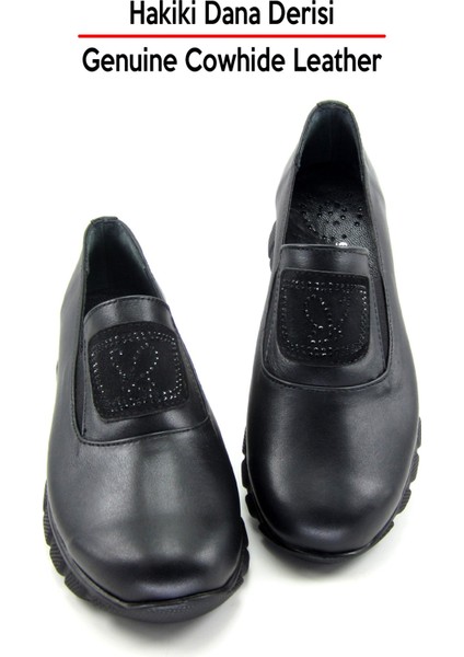 Morena Siyah Hakiki Dana Derisi Taşlı Yuvarlak Burun Günlük Ayakkabı