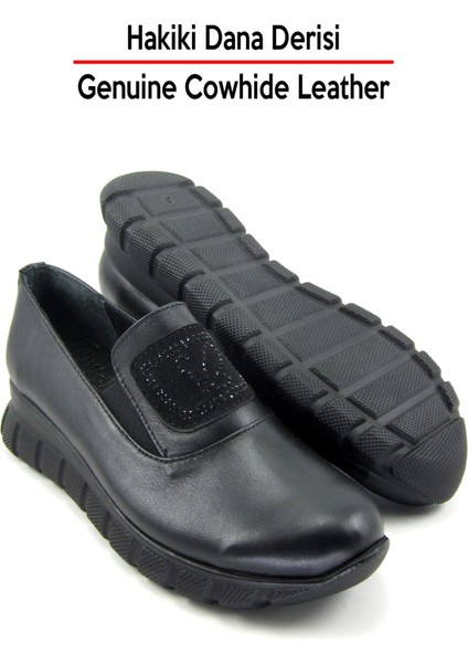 Morena Siyah Hakiki Dana Derisi Taşlı Yuvarlak Burun Günlük Ayakkabı