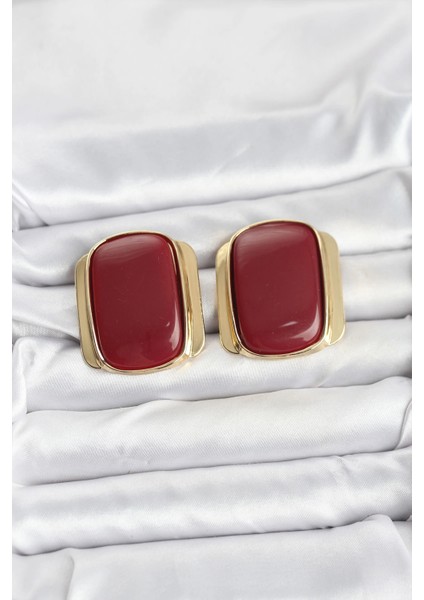 Bfs Pirinç Gold Renk Bordo Plaka Vintage Kadın Küpe