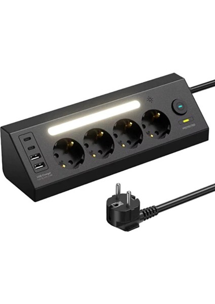 LP764 Çoklu Gece Lambalı Priz Yüksek Gerilim Korumalı 4’lü Priz 2xusb 2xtype-C Çıkışlı Grup Priz Çoğaltıcı