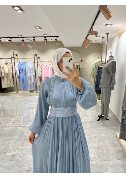 Kuşak Detaylı Boyunda Taş Işlemeli Abiye Elbise ELB16090 indirimleri