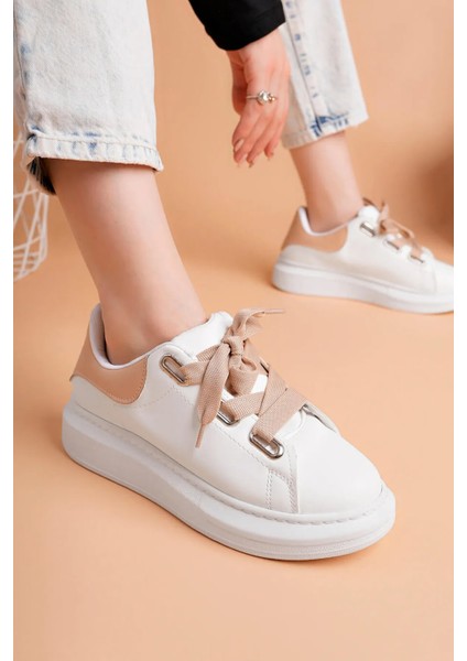 LC105 Bej/beyaz Bağcıklı Kadın Ayakkabı