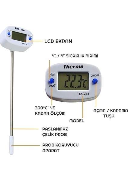 Thermo TA-288 Oynar Başlıklı Dijital Mutfak Yemek Termometresi Paslanmaz Çelik Sıcaklık Ölçer modelleri