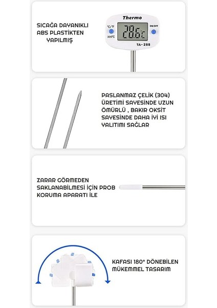 Thermo TA-288 Oynar Başlıklı Dijital Mutfak Yemek Termometresi Paslanmaz Çelik Sıcaklık Ölçer indirimleri