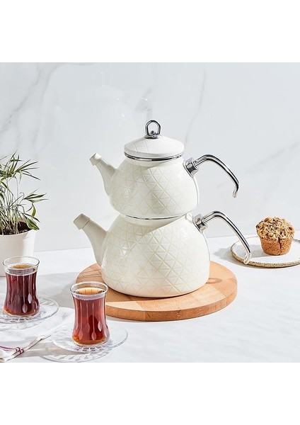 Kristal Krem Emaye Çaydanlık Takımı