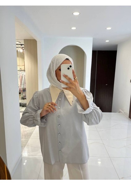 Taş Aksesurlı Yaka Detaylı Kol Lastik Oversıze Gömlek GMK08030