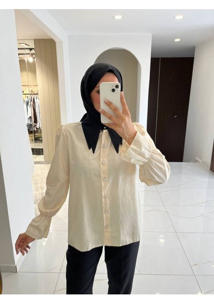 Taş Aksesurlı Yaka Detaylı Kol Lastik Oversıze Gömlek GMK08030 indirimleri