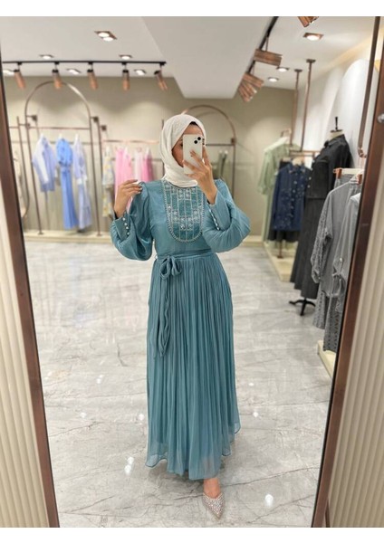 Taş Işlemli Bel Kuşaklı Uzun Abiye Elbise ELB16080 fiyatları