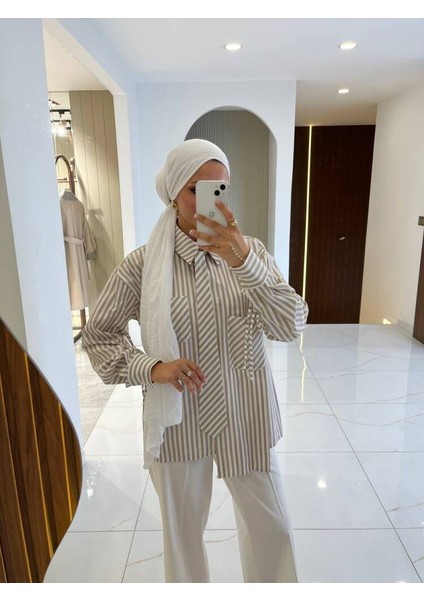 Kravat Detaylı Çizgili Kadın Gömlek GMK16067 fiyatları