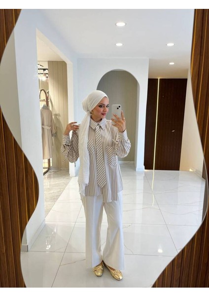 Kravat Detaylı Çizgili Kadın Gömlek GMK16067 fırsatları