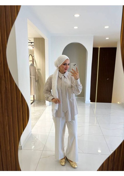 Kravat Detaylı Çizgili Kadın Gömlek GMK16067 indirimleri