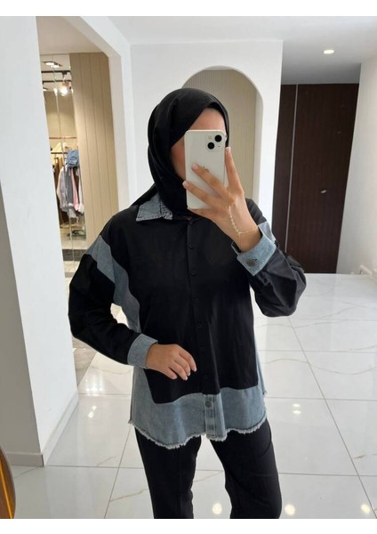 Basıc Parça Detaylı Oversize Denim Gömlek GMK16017