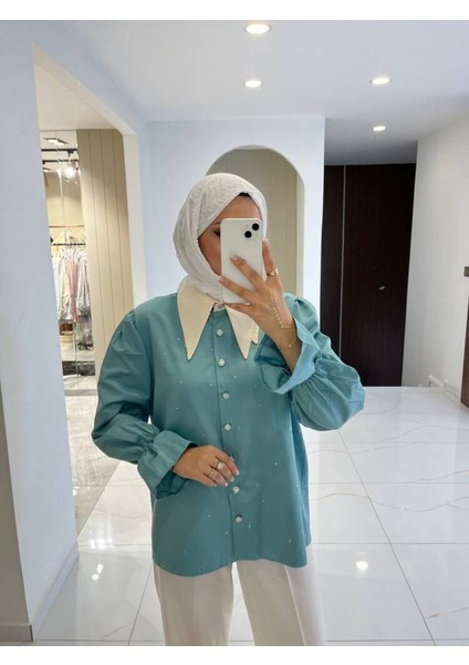 Taş Aksesurlı Yaka Detaylı Kol Lastik Oversıze Gömlek GMK08030