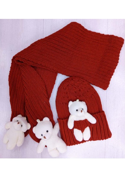 9003 Kız Triko Atkı Bere Takım 1/8 Yaş - Kırmızı - Standart