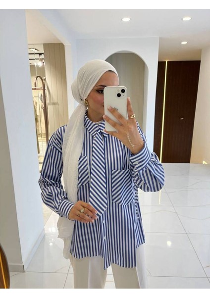 Kravat Detaylı Çizgili Kadın Gömlek GMK16067