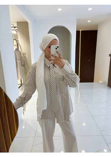 Kravat Detaylı Çizgili Kadın Gömlek GMK16067 modelleri